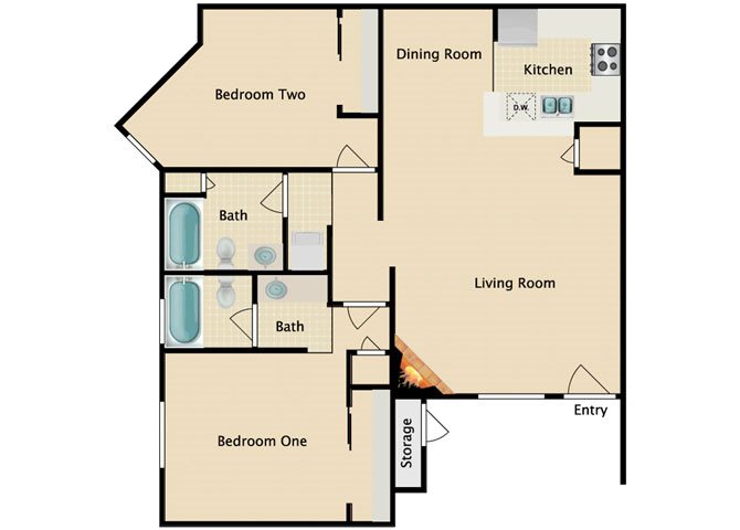 2 bedroom 2 bathroom floor plan at Riverview Park Apartments in Mesa, AZ